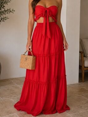 2xHP🎉 . Cherry On Top Red Ruffle Crop Top & Maxi Skirt Set
